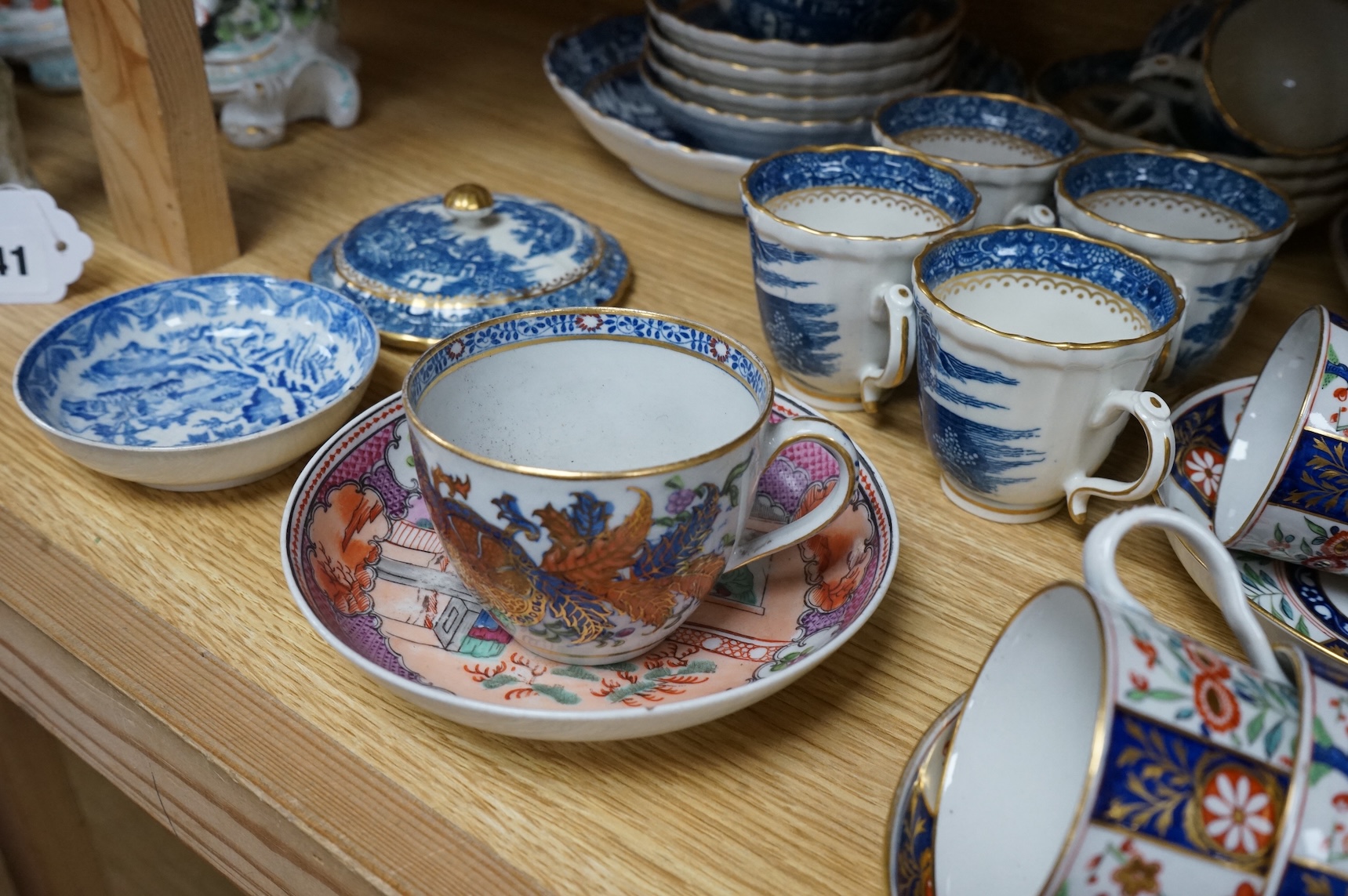 A group of late 18th century Worcester kakiemon pattern tea and coffee wares together with Worcester and Caughley Willow type pattern blue and white coffee ware